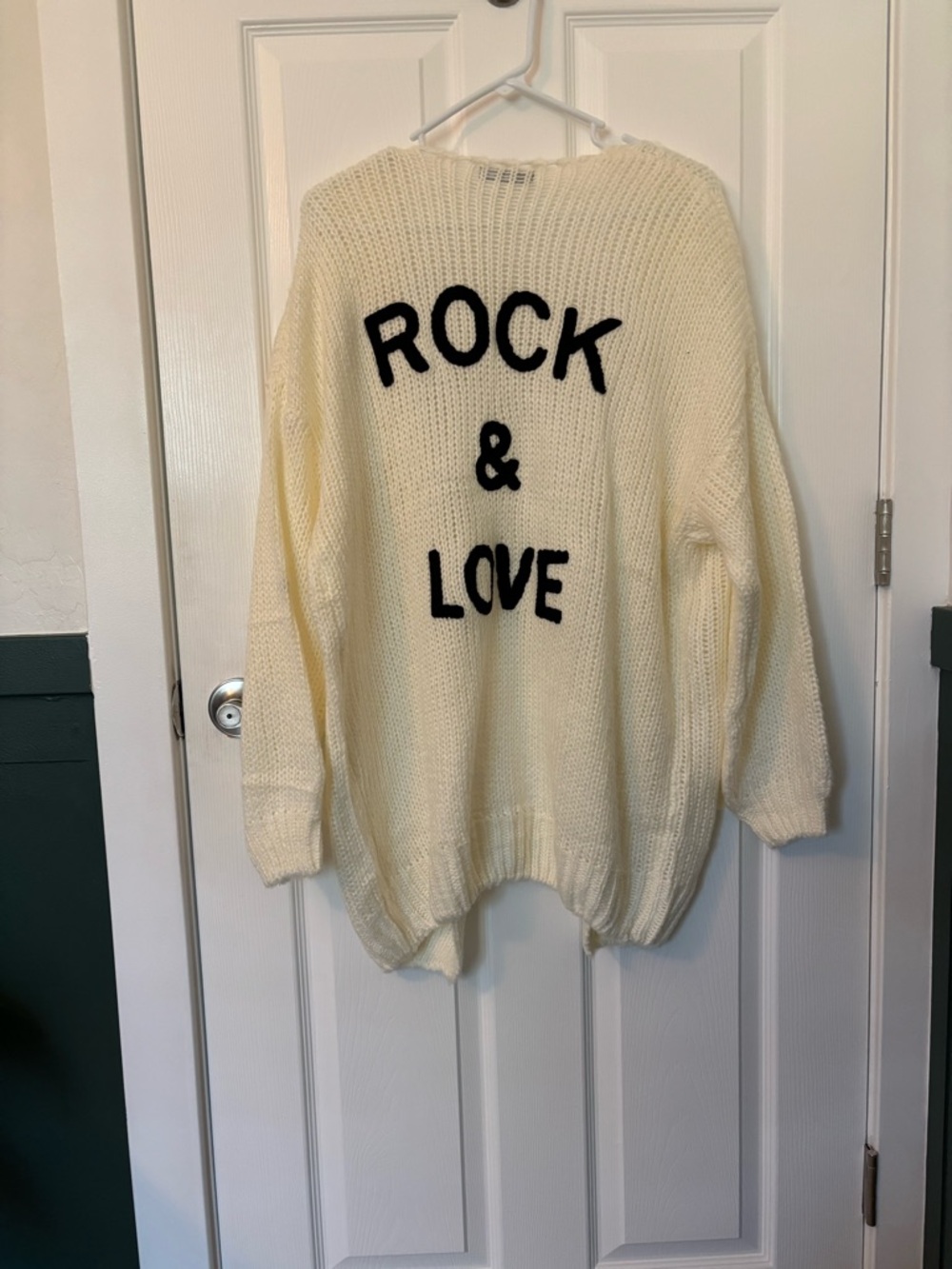 Rock & Love Oversized Open Front Chunky Knit Cardigan Cream Graphic Back